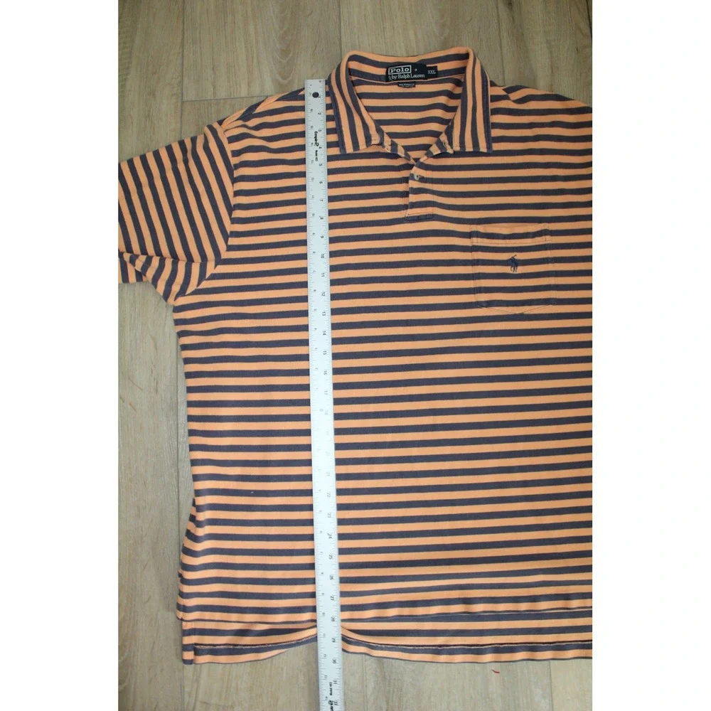 VTG Polo Ralph Lauren Mens XXL Orange Navy Blue Striped Pocket Polo Shirt Cotton